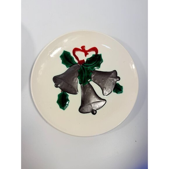 Ceramic Dinner Plates Vintage Handmade Hand-painted 3D Christmas Bells Holly Mal - Picture 6 of 11